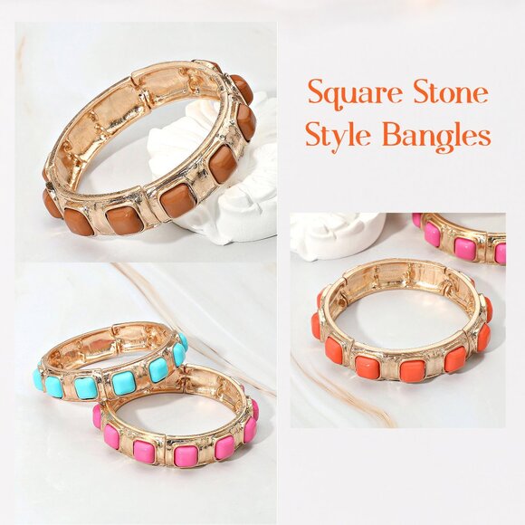 Baroque Vibe Gold Stretch Bangle Bracelets with Colorful Geometric Stones NEW - Picture 4 of 16